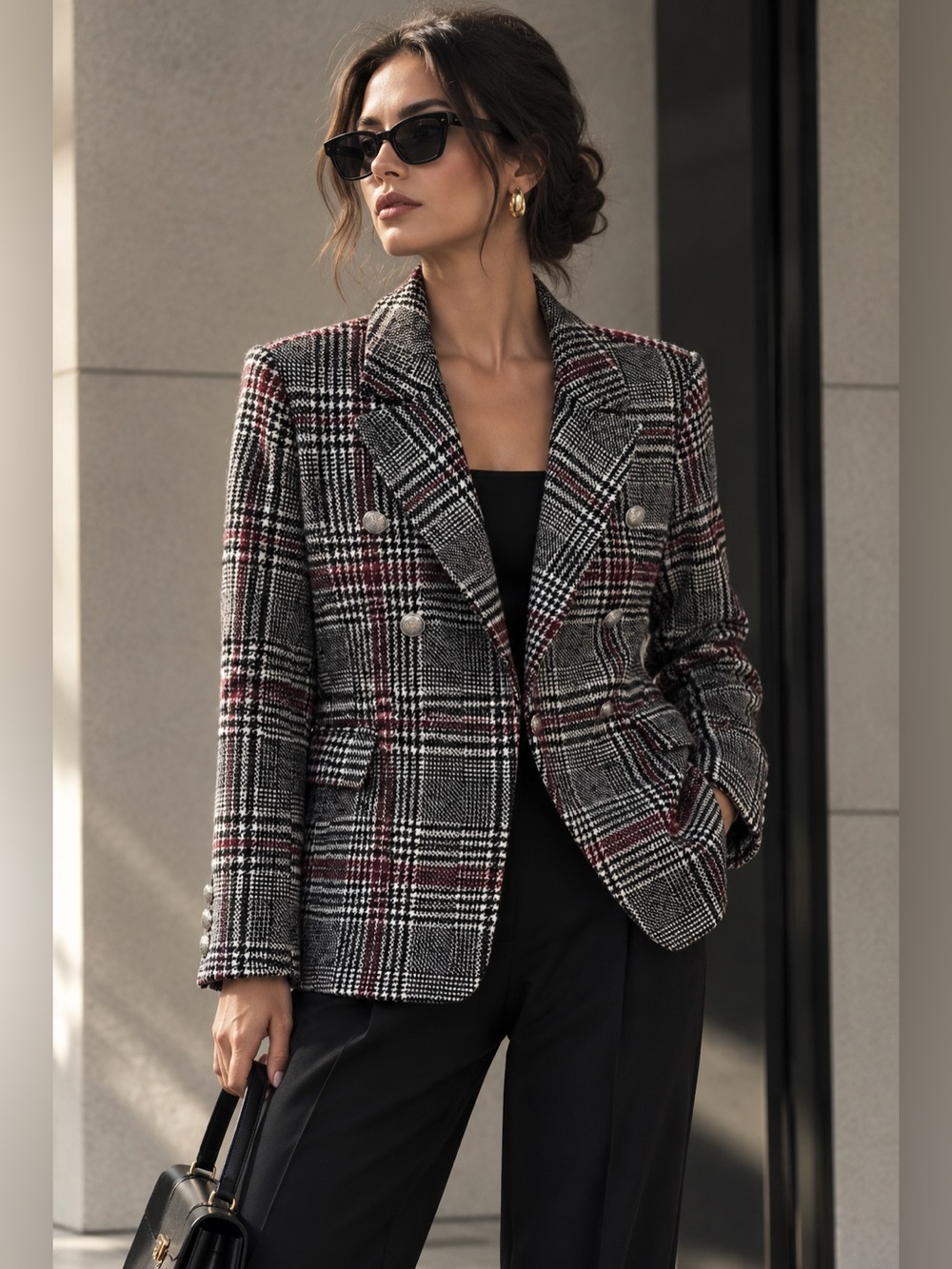 Vintage-Inspired Bagatelle Plaid Double-Breasted Blazer L NWT